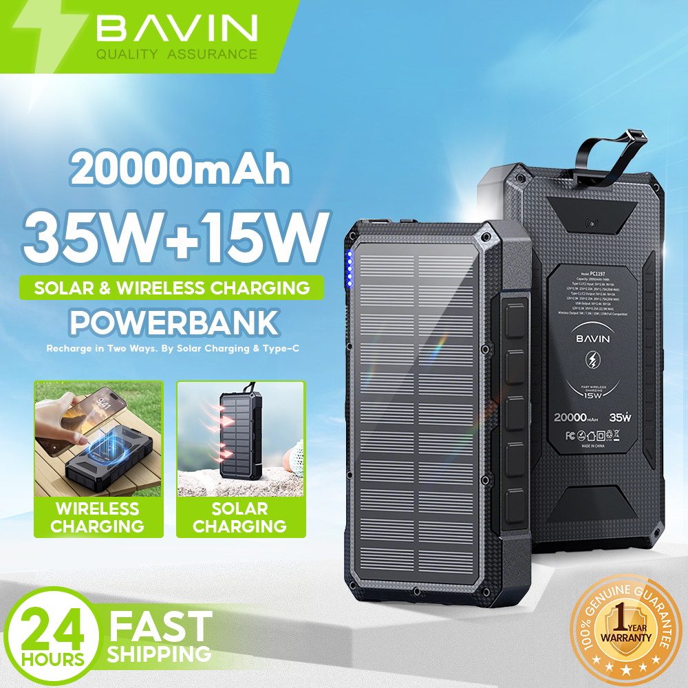 BAVIN PC1197 20000mAh Solar Powerbank 35W Type-C Fast & 15W Wireless Charging w/LED Light, 3 Outputs