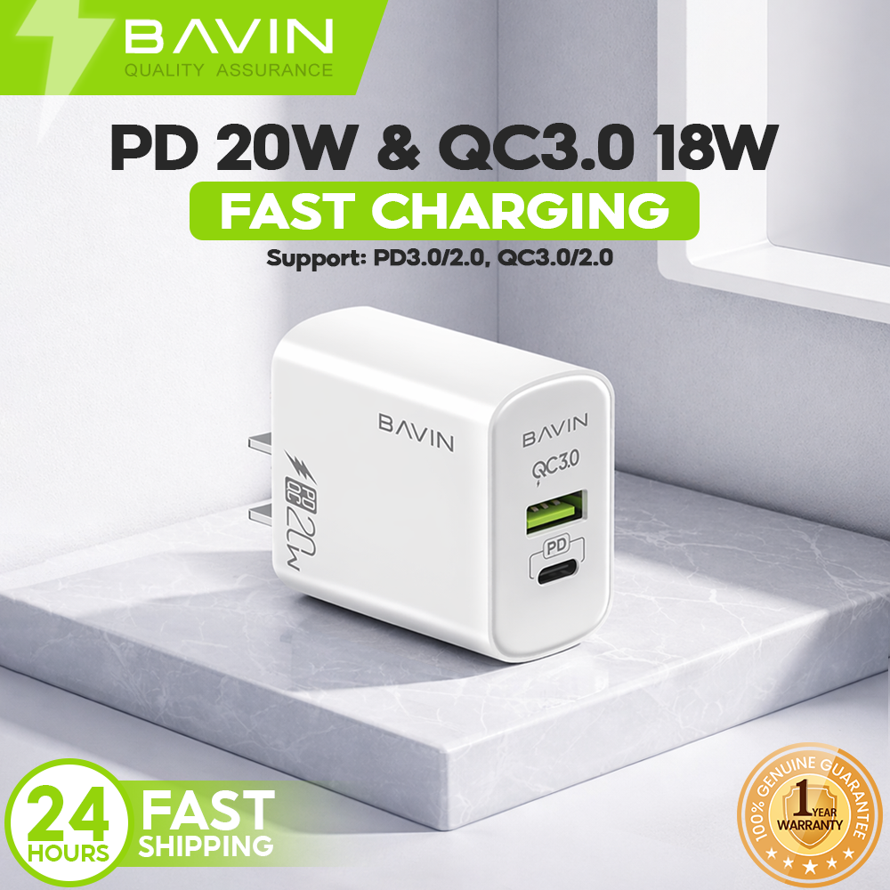 BAVIN PC951 20W PD Fast Wall Charger | Type-C & QC3.0 Dual Port | Fast Charging Adapter