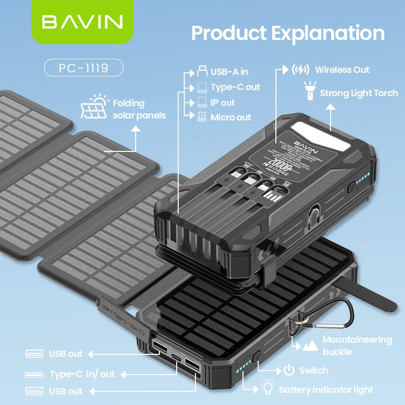 BAVIN PC1119 20000mAh Solar Charging Powerbank Built-In Cable Wireless Charging w/ Waterproof