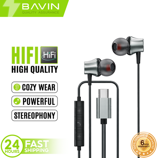 BAVIN HX873 Universal Hi-Res Audio Sound Type-C Wired Earphone Built Mic for iPhone 15-17 & Android Devices