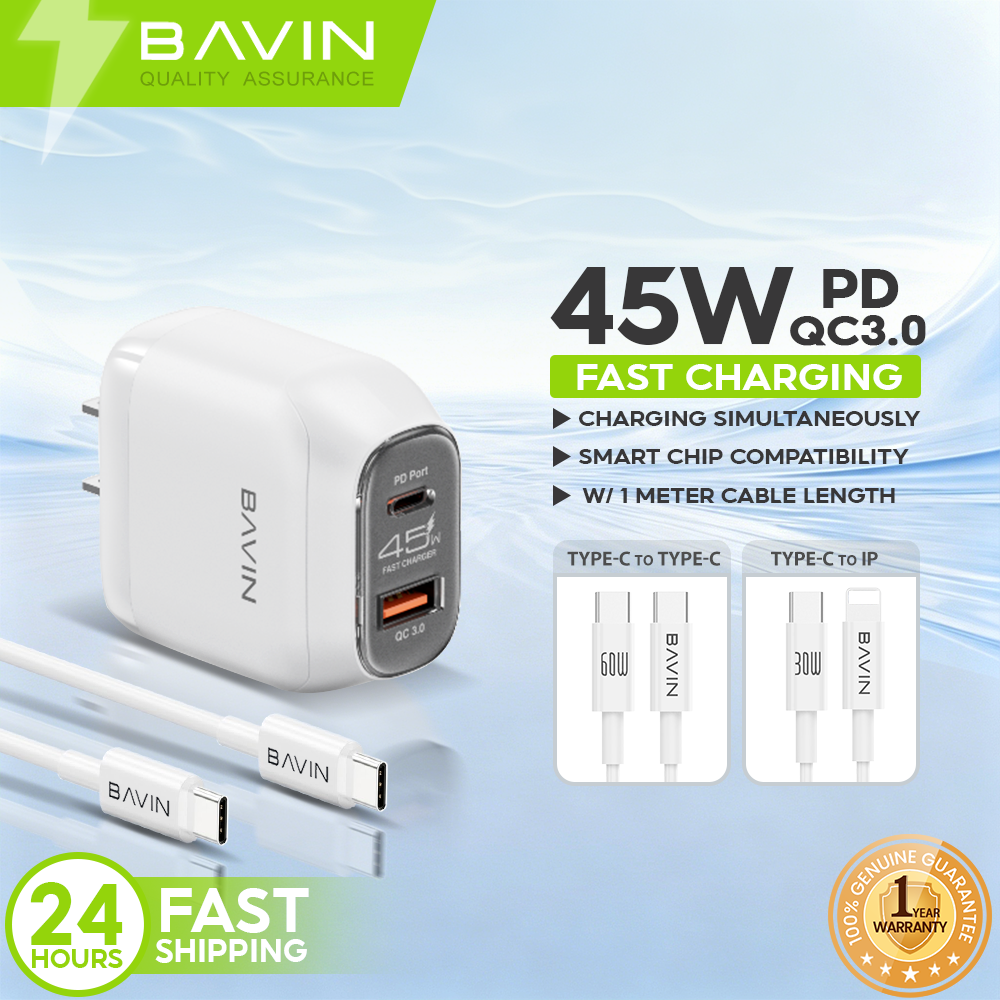 BAVIN PC2165 45W PD QC3.0 USB-C+22.5W USB Fast Charging Charger w/ 1M Cable for iPh 17/Android/Laptop