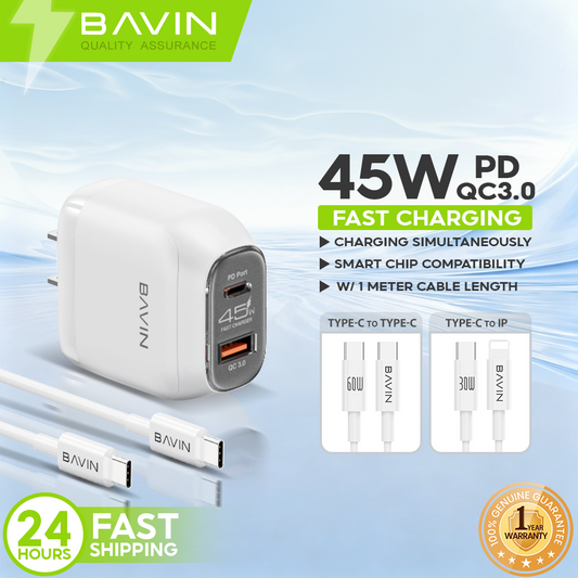 BAVIN PC2165 45W PD QC3.0 USB-C+22.5W USB Fast Charging Charger w/ 1M Cable for iPh 17/Android/Laptop