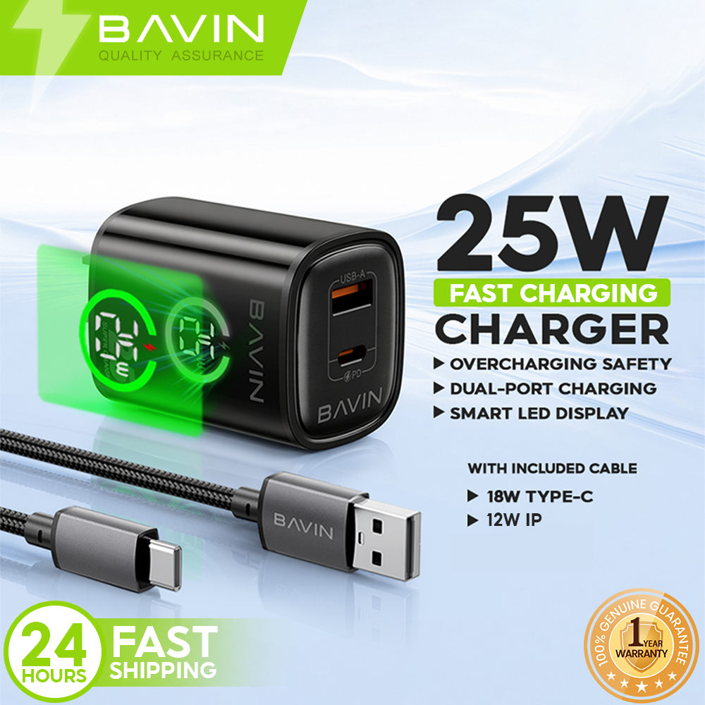 BAVIN PC2196 PD 25W+QC 3.0 Fast Charging Wall Charger Dual Ports w/ LED Display+ iPhone/Type-C Cable