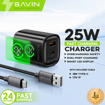 BAVIN PC2196 PD 25W+QC 3.0 Fast Charging Wall Charger Dual Ports w/ LED Display+ iPhone/Type-C Cable
