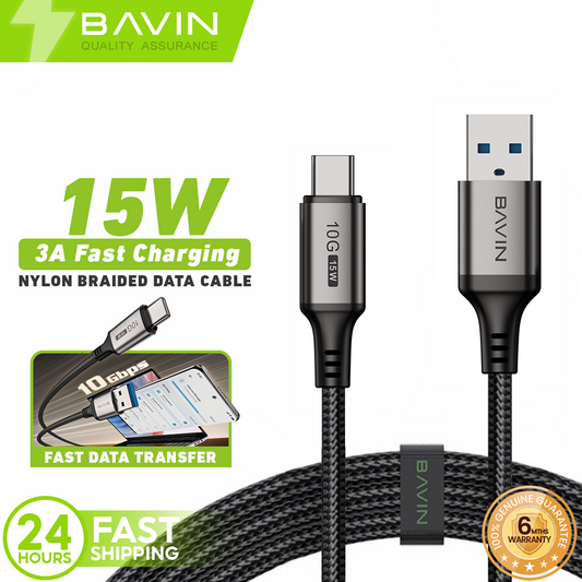 BAVIN CB409 3A 15W Fast Charging 2m Nylon Braided Type-C Data Cable w/ 10Gbps High-Speed Transfer