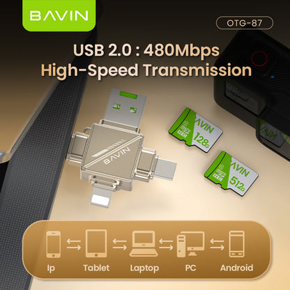 BAVIN U-O-87 4-in-1 Type-C / iPhone / Micro / USB 2.0 OTG Adapter & Card Reader TF/Micro SD Compatible iPhone 17 Series, 480Mbps
