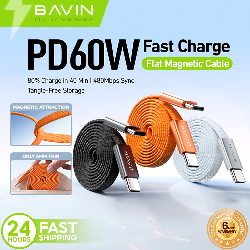 BAVIN CB426 1m 60W PD Magnetic Type-C Fast Charging Data Cable Flat Braided for Android, iPhone 17 Series