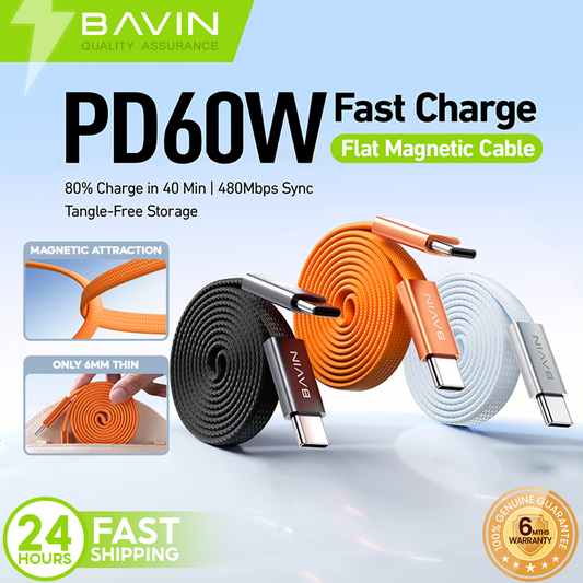 BAVIN CB426 1m 60W PD Magnetic Type-C Fast Charging Data Cable Flat Braided for Android, iPhone 17 Series