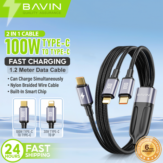 BAVIN CB387 100W 2 in 1 Fast Charging Cable Type-C to Type-C & iPhone w/ 1.2m Nylon Braided Cord for Laptop & Smartphones