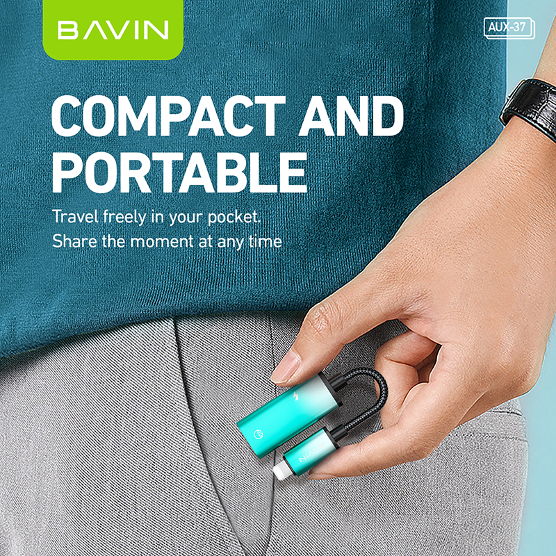BAVIN AUX37 2-in-1 AUX Earphone Adapter iPhone to 3.5mm w/ Charging Port, Aluminum Alloy, Plug & Play