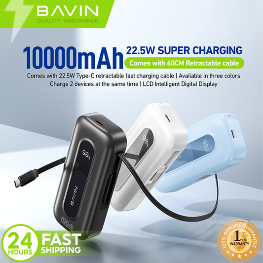 BAVIN PC1115 PD20W & 22.5W Fast Charging Powerbank 10000mAh w/ Built-In Cable Type-C for iPhone 16