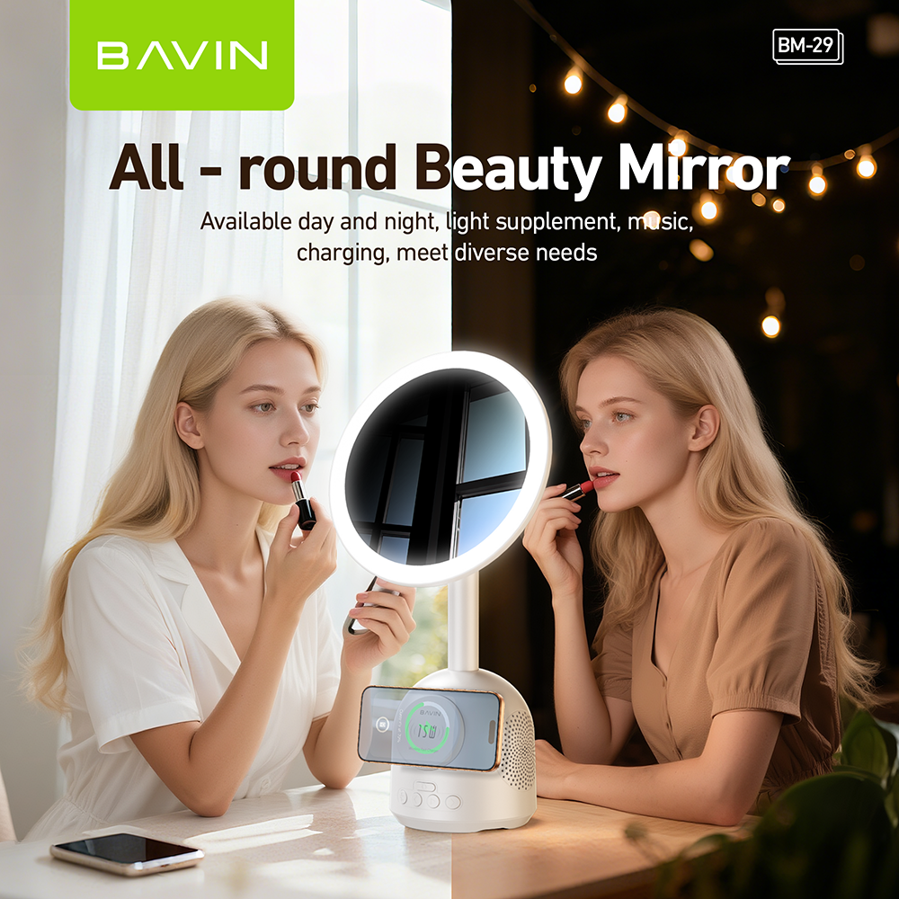 BAVIN BM29 Multifunctional Makeup Mirror Bluetooth Speaker w/ 15W Magnetic Wireless Fast Charging + Freebie 30WPD Charger