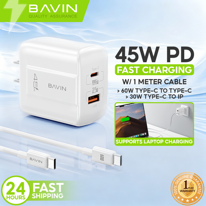 BAVIN PC2187 Portable 45W PD Fast Charger Dual USB C Wall Adapter w/ 1M Cable for iPh 17/Android/Laptop