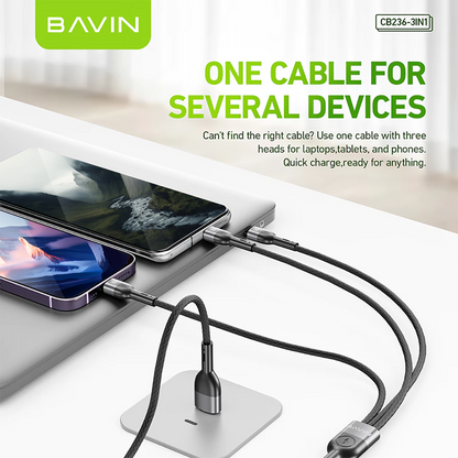 BAVIN CB236 3-in-1 60W 30W 18W Fast Charging Nylon Braided & Data Transfer Cable for iPh & Android (Supports 17 Series)