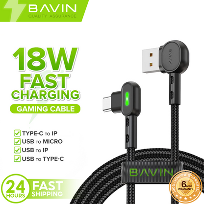 BAVIN CB258 30W PD Fast Charging LED Light Gaming Data Cable 90?Angle w/ 1.2 M Cable for iP & Android