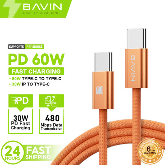 BAVIN CB416 Fast Charging PD 60W Braided 1M Data Cable Type-C to Type-C/Type-C to iPh｜480 Mbps Compatible with iPhone 15-17 & Type-C Devices