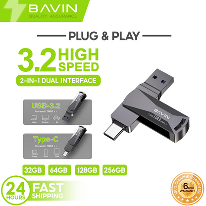 BAVIN UF02 Dual Interface USB 3.2 & Type-C Flash Drive High-Speed Plug & Play for Fast Data Transfer