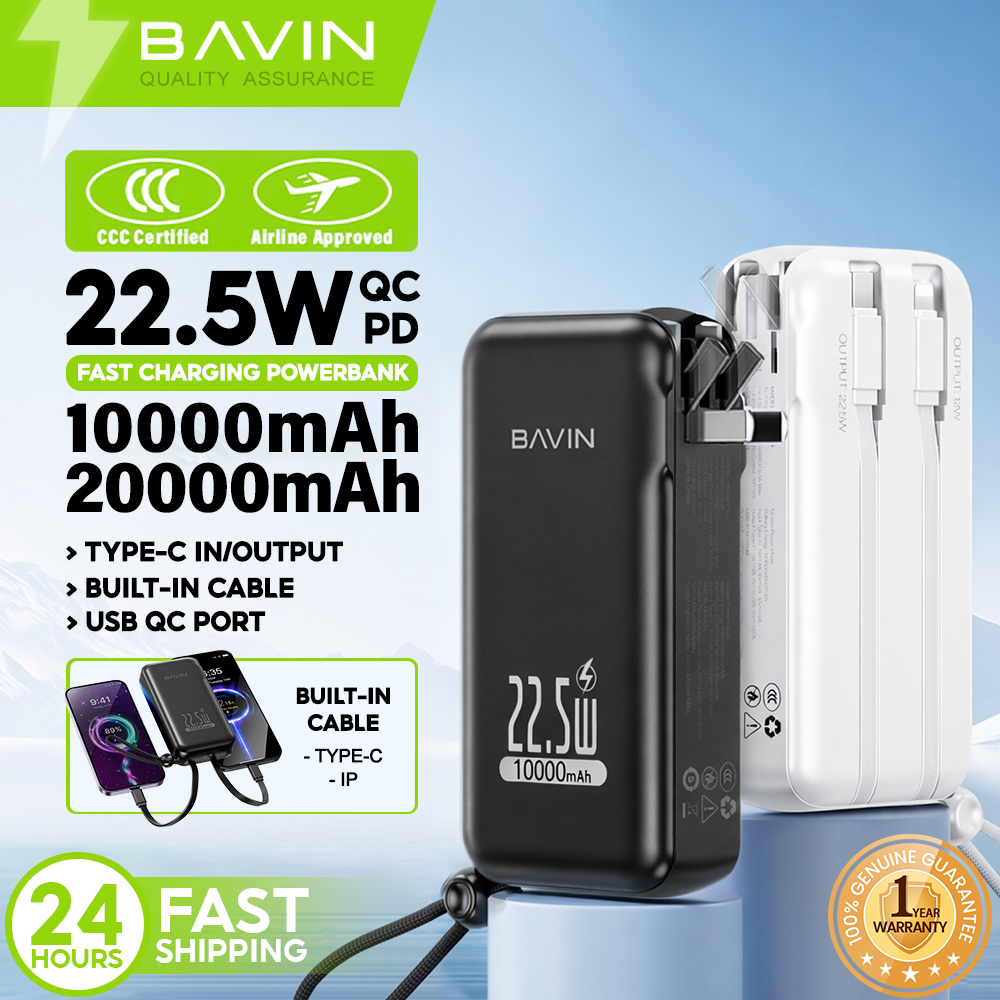 [CCC] BAVIN PC032 Pro 10000mAh/ PC1103 20000mAh 2-in-1 22.5W Fast Charging Powerbank w/ Dual Cables & Foldable AC Plug