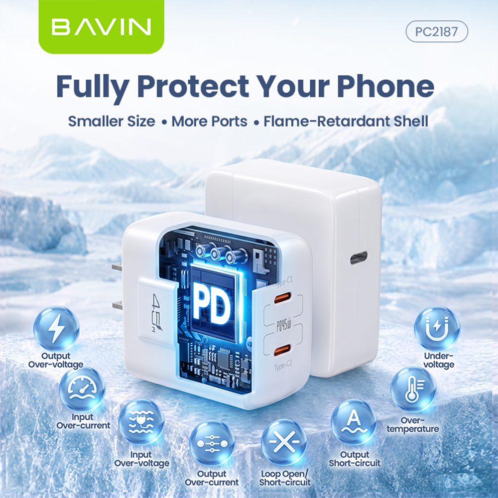 BAVIN PC2187 Portable 45W PD Fast Charger Dual USB C Wall Adapter w/ 1M Cable for iPh 17/Android/Laptop