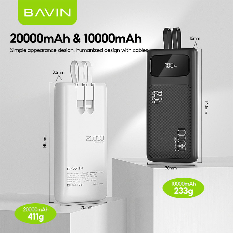 BAVIN PC008 10000mAh / PC007 20000mAh 22.5W Fast Charging Powerbank w/ Built-in Cable & LED Display