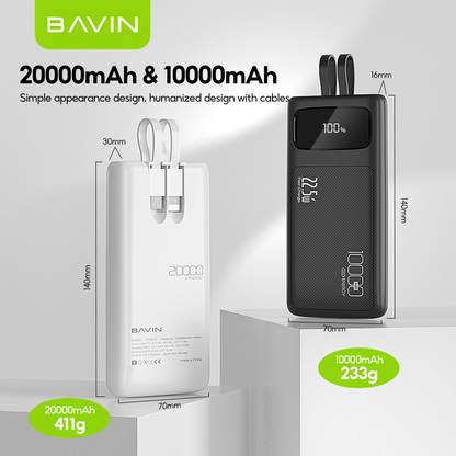 BAVIN PC008 10000mAh / PC007 20000mAh 22.5W Fast Charging Powerbank w/ Built-in Cable & LED Display