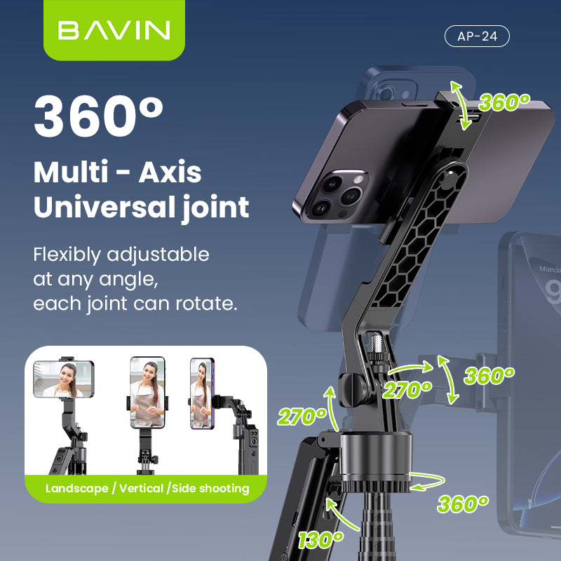 BAVIN D-Z-P24 AI Tripod Stand 360° Auto Face & Motion Detection w/ Wireless BT Remote Adjustable 32-180cm for Phone / Camera