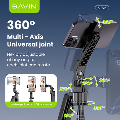 BAVIN D-Z-P24 AI Tripod Stand 360° Auto Face & Motion Detection w/ Wireless BT Remote Adjustable 32-180cm for Phone / Camera