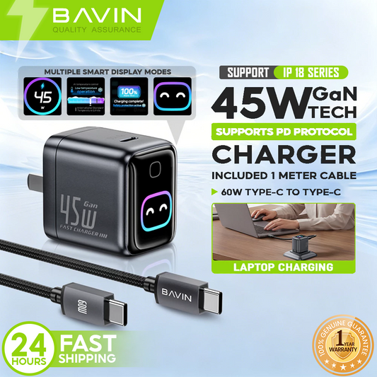 BAVIN PC2206 Mini 45W PD GaN Fast Charger Wall Adapter w/ Smart Display + Foldable Plug for iPhone 17 / Laptop
