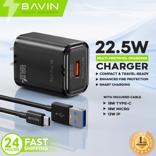BAVIN PC2029 22.5W Portable Fast Charging Adapter w/ Universal Cable for Micro/iPhone/Type-C Devices