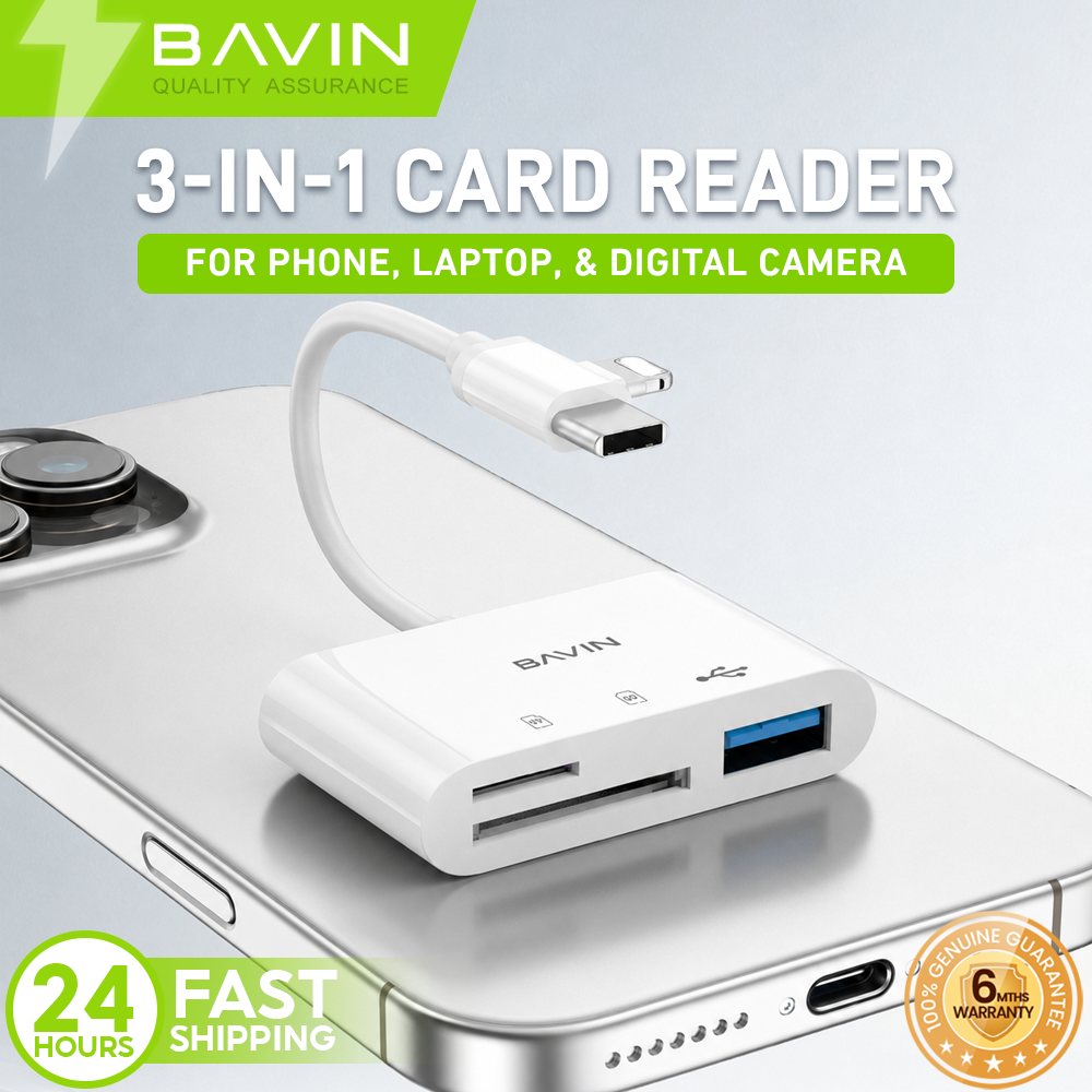 BAVIN O114 3-in-1 Memory Card Reader OTG Adapter iPhone & Type-C to USB,SD,TF Card Slot for Phone,Laptop