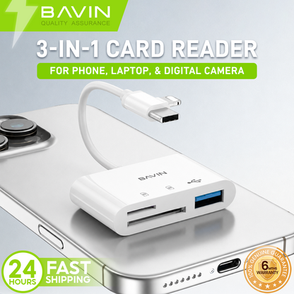 BAVIN O114 3-in-1 Memory Card Reader OTG Adapter iPhone & Type-C to USB,SD,TF Card Slot for Phone,Laptop