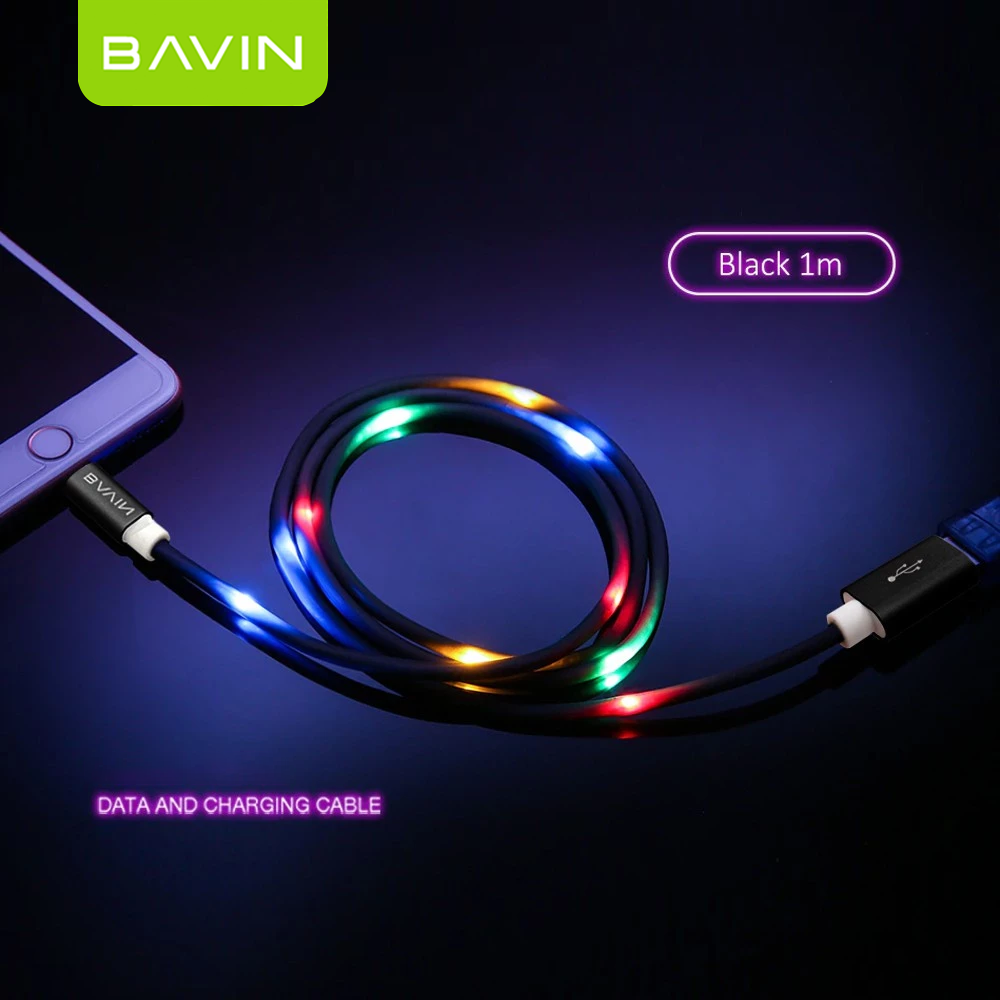BAVIN U-CB139 2.4A Quick Charging Cable w/LED Light & Voice Control USB Data Cord for Micro & iPhone