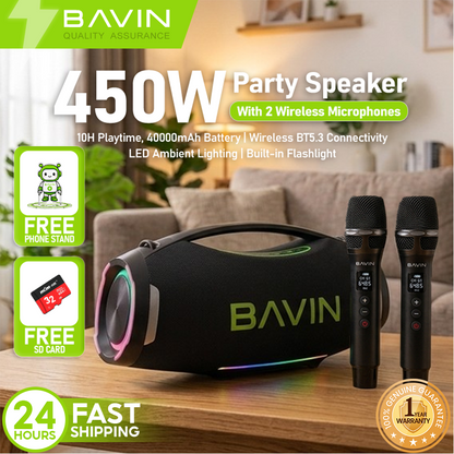 BAVIN BM57 450W Party Speaker 40000mAh Bluetooth 5.3 Speaker with 2 Wireless Microphones & LED Light