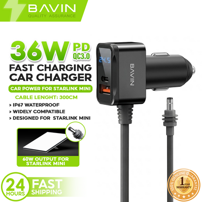 BAVIN PC2201 Starlink Mini 36W PD+QC3.0 Fast DC Power Cable Car Charger w/ Display + Waterproof Outdoor