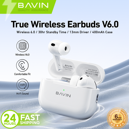 BAVIN BA109 Hi-Res Audio TWS Wireless Bluetooth 6.0 Earphones w/ Microphone & 30 Hours Playtime