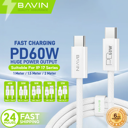 BAVIN CB325 60W USB C Cable Type C Data Cord PD Fast Charging For iPhone 17 Series & Laptop Charging