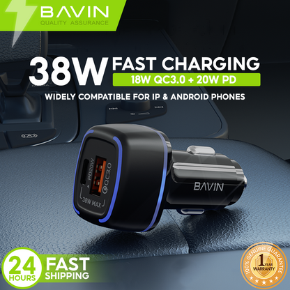 BAVIN PC876 38W Fast Charging PD QC 3.0 Dual Port Car Charger USB-C + USB-A For iPhone 17 series / Android