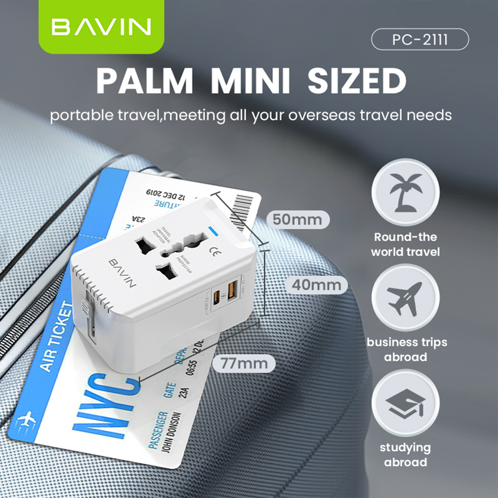 BAVIN PC2111 Universal Travel Adapter 20W Fast Charger USB-A + Type-C + QC | Multi-Port Plug w/LED Light