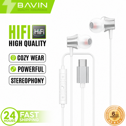 BAVIN HX873 Universal Hi-Res Audio Sound Type-C Wired Earphone Built Mic for iPhone 15-17 & Android Devices