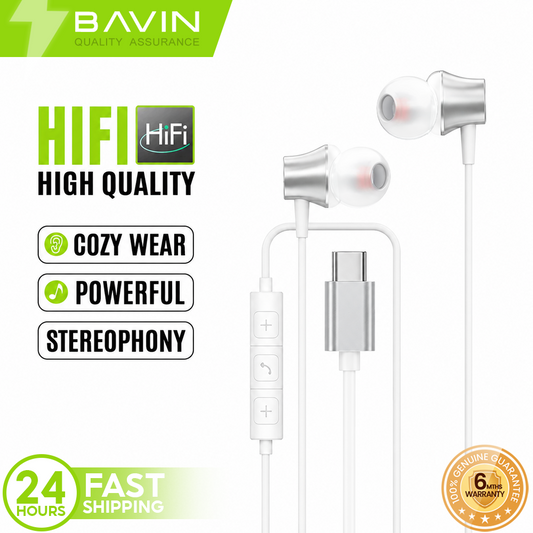 BAVIN HX873 Universal Hi-Res Audio Sound Type-C Wired Earphone Built Mic for iPhone 15-17 & Android Devices
