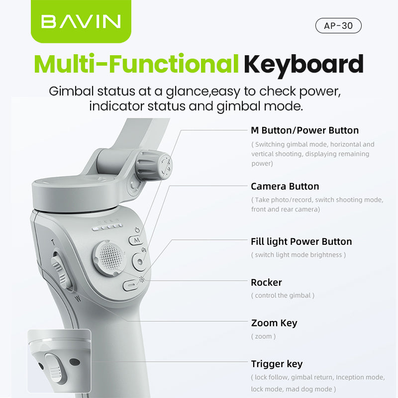 BAVIN P30/P31 Foldable Phone 3-Axis Gimbal Stabilizer w/Tripod/Fill Light/AI Smart Face Tracking