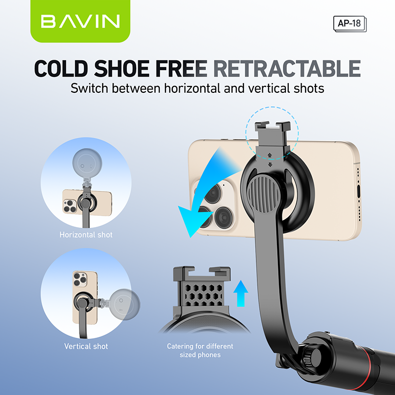 BAVIN P18 Magnetic Retractable Selfie Stick w/ Bluetooth Remote Extendable & Adjustable Tripod