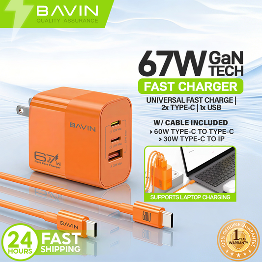 BAVIN PC2133 3in1 67W GaN Fast Charging Charger Dual Type-C + USB Ports w/ 1m Cable for Laptop, Phones