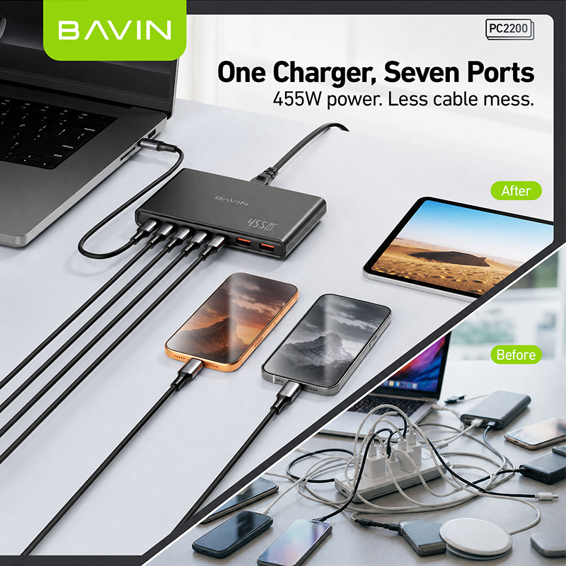 BAVIN PC2200 455W USB C Charger GaN 7 Ports Desktop Fast Charging Station w/ 100W Max PD Dual Ports