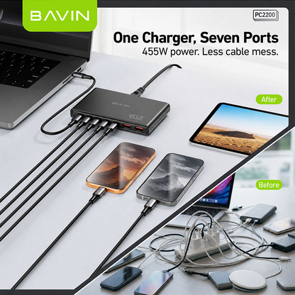 BAVIN PC2200 455W USB C Charger GaN 7 Ports Desktop Fast Charging Station w/ 100W Max PD Dual Ports