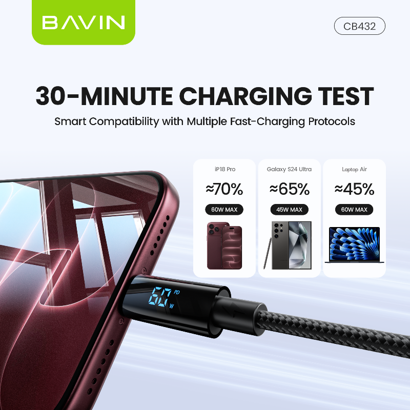 BAVIN CB432 60W PD USB C Fast Charging Data Cable 1M w/ LED Digital Display, Braided Nylon For iPhone 18
