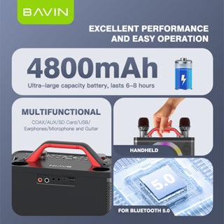 BAVIN DV-BM10 Bluetooth Wireless Portable Karaoke Speaker w/ Dual Bluetooth Microphones & Light