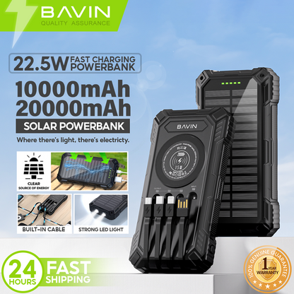 BAVIN PC1118 20000mAh Portable Wireless Solar Powerbank 22.5W Fast Charging Built-in Cable