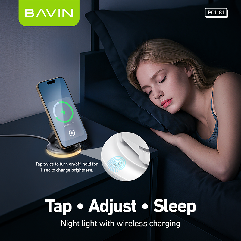 BAVIN PC1181 3in1 Magnetic 15W Wireless Charger Dock for Phone/Watch/Earbuds w/ Foldable Stand & LED