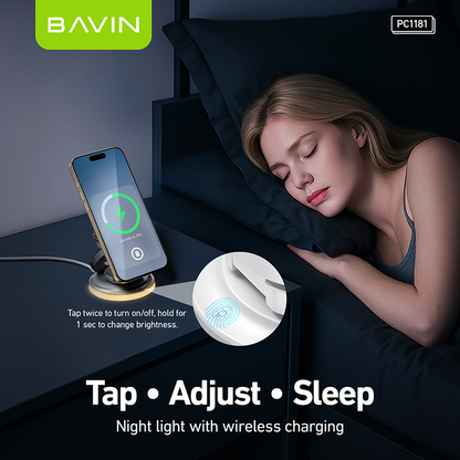 BAVIN PC1181 3in1 Magnetic 15W Wireless Charger Dock for Phone/Watch/Earbuds w/ Foldable Stand & LED